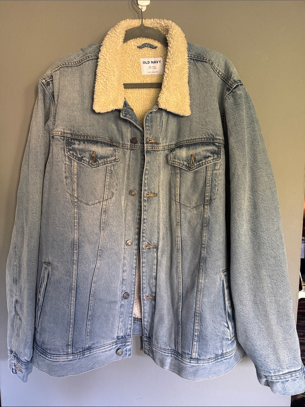 Old Navy Sherpa-Lined Denim Trucker Jacket Blue & Beige size XXL Tall💙💙💙